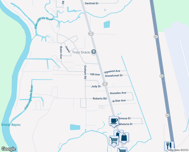map of restaurants, bars, coffee shops, grocery stores, and more near 8603 Mississippi 613 in Moss Point
