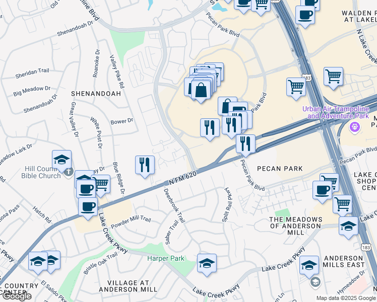 map of restaurants, bars, coffee shops, grocery stores, and more near 10301 Ridgeline Boulevard in Cedar Park
