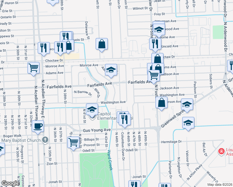 map of restaurants, bars, coffee shops, grocery stores, and more near 1988 East Belfair Drive in Baton Rouge