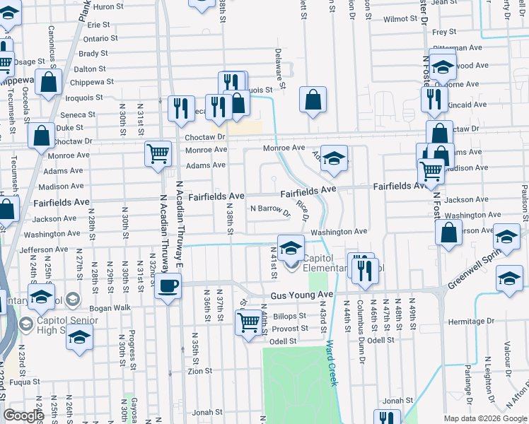 map of restaurants, bars, coffee shops, grocery stores, and more near 3956 North Barrow Drive in Baton Rouge