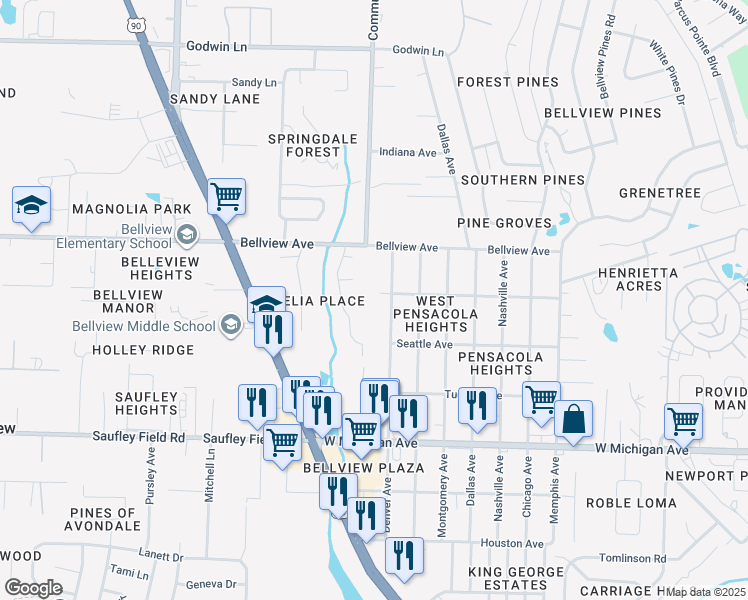 map of restaurants, bars, coffee shops, grocery stores, and more near 2625 Tupelo Avenue in Pensacola