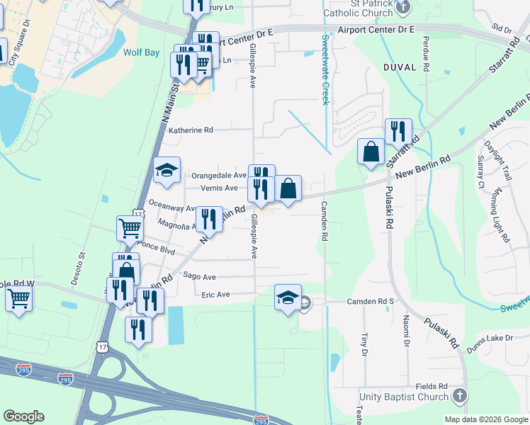 map of restaurants, bars, coffee shops, grocery stores, and more near 604 New Berlin Road in Jacksonville