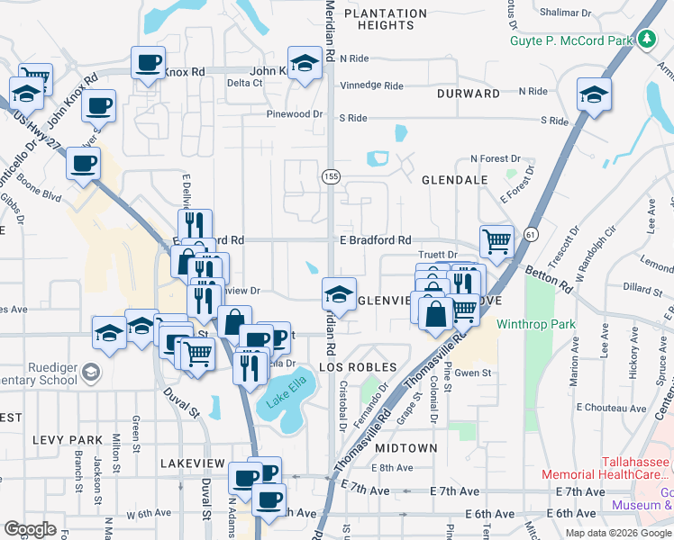 map of restaurants, bars, coffee shops, grocery stores, and more near 1951 North Meridian Road in Tallahassee