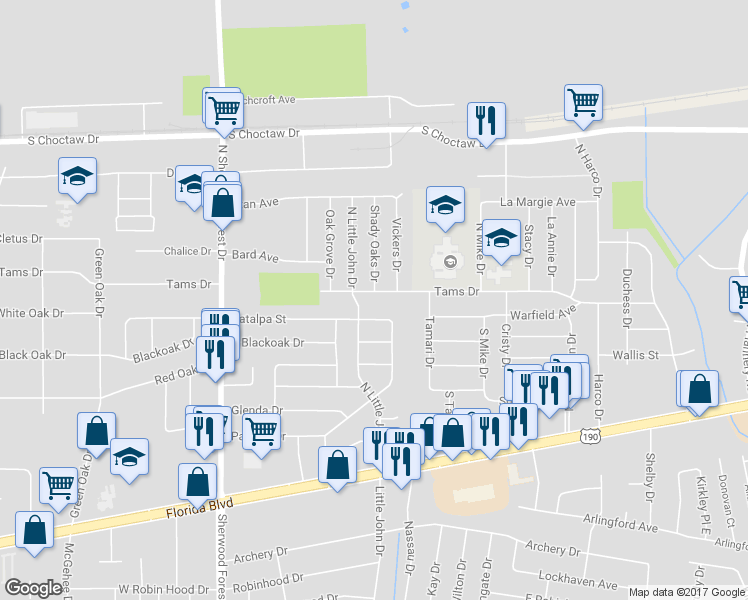 map of restaurants, bars, coffee shops, grocery stores, and more near 11838 Tams Drive in Baton Rouge