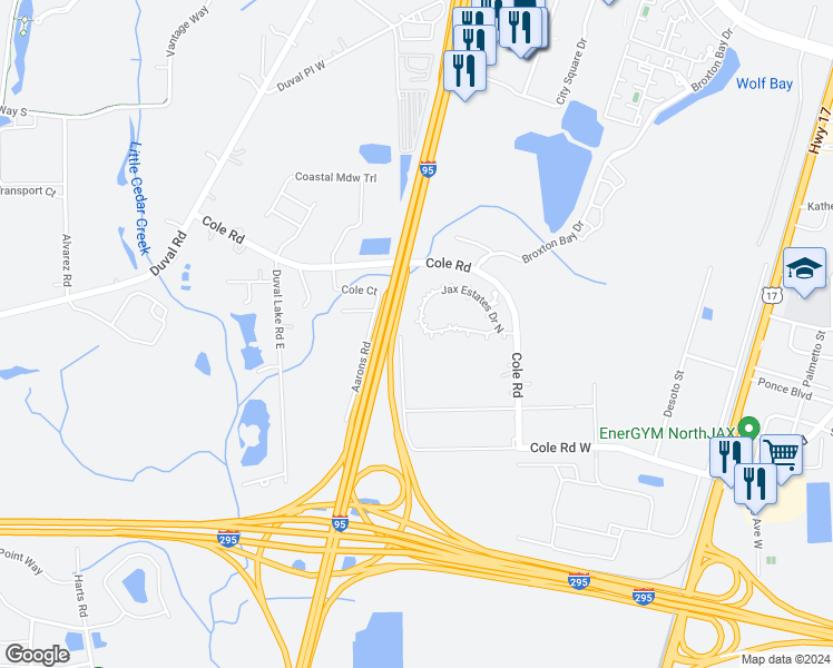 map of restaurants, bars, coffee shops, grocery stores, and more near 456 Jax Estates Drive South in Jacksonville