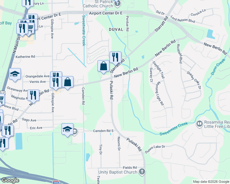 map of restaurants, bars, coffee shops, grocery stores, and more near 12712 Pulaski Road in Jacksonville