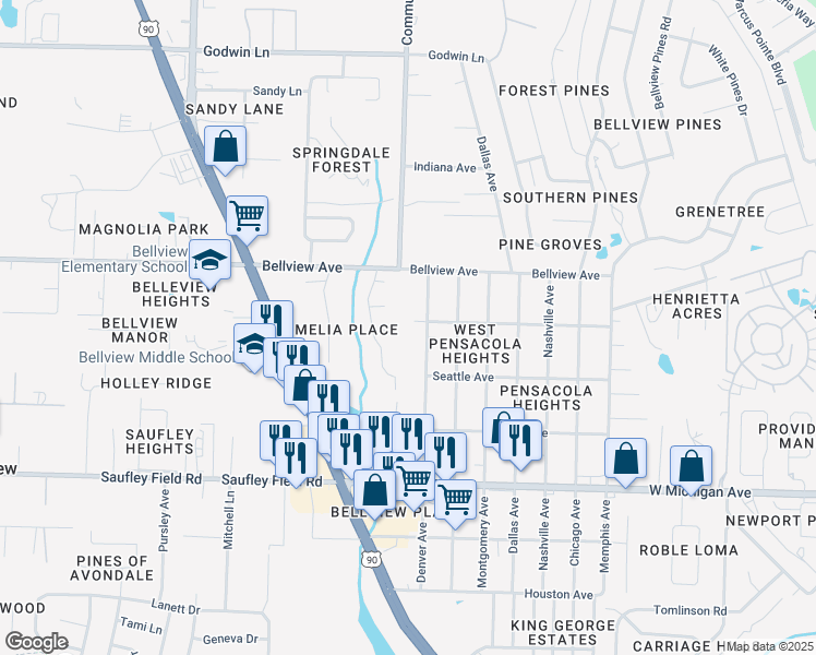 map of restaurants, bars, coffee shops, grocery stores, and more near 2625 Tupelo Avenue in Pensacola