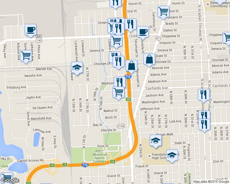 map of restaurants, bars, coffee shops, grocery stores, and more near 2060 Hemlock Street in Baton Rouge