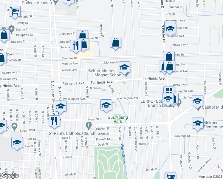 map of restaurants, bars, coffee shops, grocery stores, and more near 1969 Rice Drive in Baton Rouge