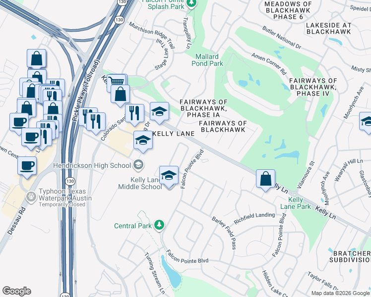 map of restaurants, bars, coffee shops, grocery stores, and more near 2200 Village View Loop in Pflugerville