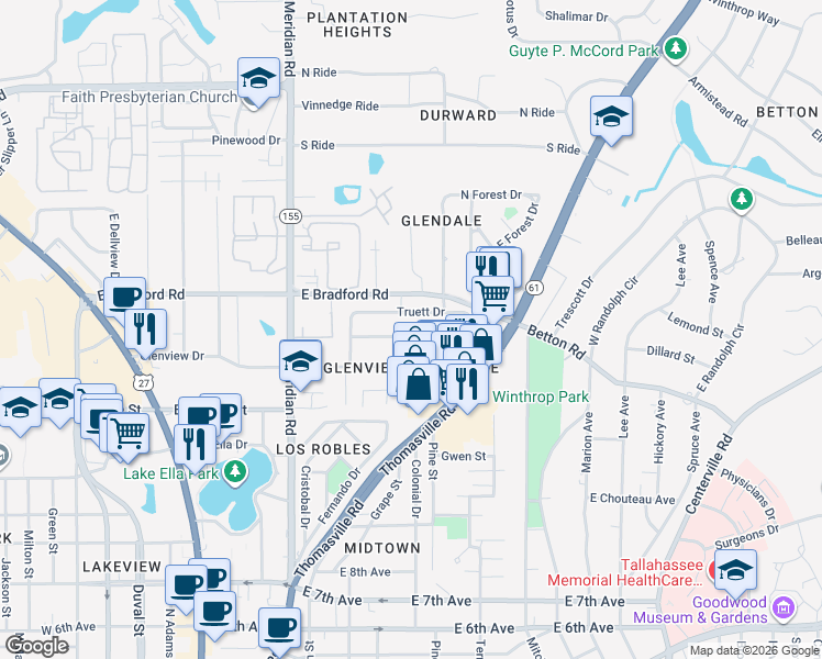 map of restaurants, bars, coffee shops, grocery stores, and more near 526 Collins Drive in Tallahassee