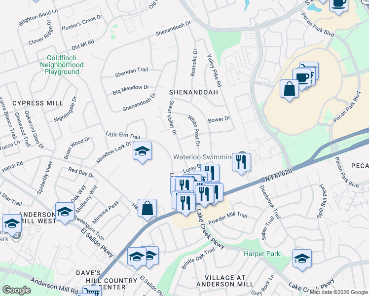 map of restaurants, bars, coffee shops, grocery stores, and more near 1502 White Circle in Cedar Park