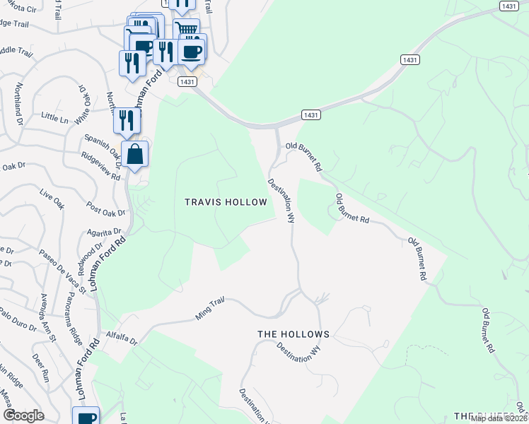 map of restaurants, bars, coffee shops, grocery stores, and more near Burdock Drive in Lago Vista
