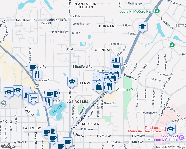 map of restaurants, bars, coffee shops, grocery stores, and more near 526 Collins Drive in Tallahassee