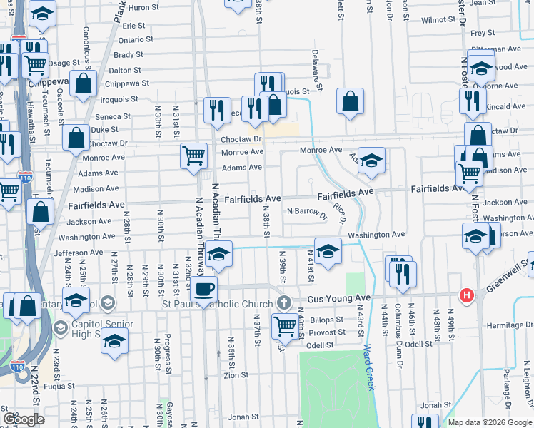 map of restaurants, bars, coffee shops, grocery stores, and more near 2016 North 38th Street in Baton Rouge
