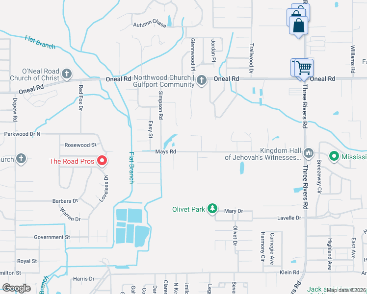 map of restaurants, bars, coffee shops, grocery stores, and more near 14336 Mays Road in Gulfport
