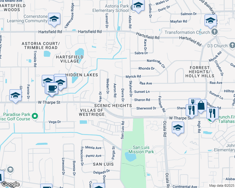 map of restaurants, bars, coffee shops, grocery stores, and more near 1811 Aaron Road in Tallahassee