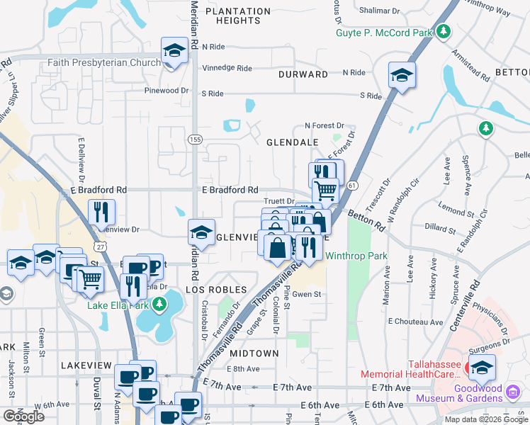 map of restaurants, bars, coffee shops, grocery stores, and more near 526 Collins Drive in Tallahassee