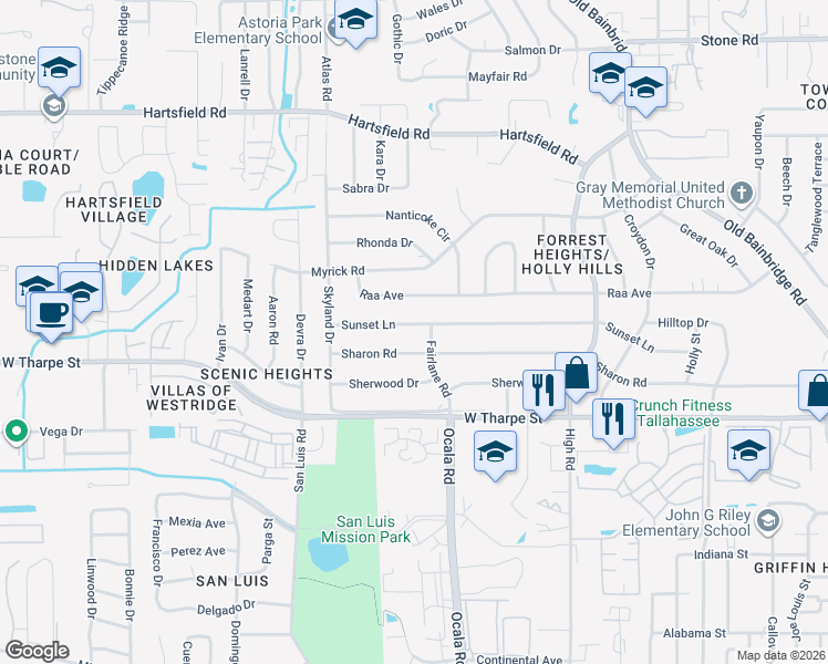 map of restaurants, bars, coffee shops, grocery stores, and more near 1903 Sunset Lane in Tallahassee