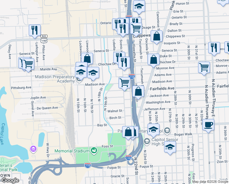 map of restaurants, bars, coffee shops, grocery stores, and more near 2060 Hemlock Street in Baton Rouge