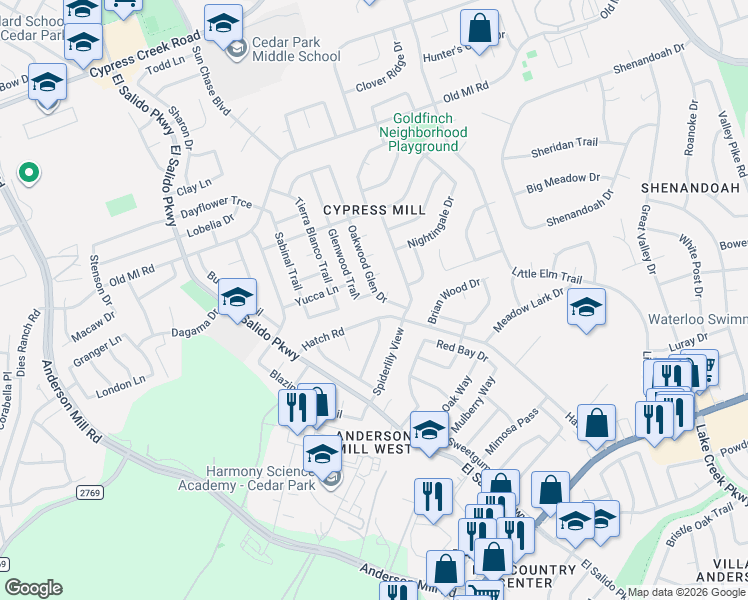 map of restaurants, bars, coffee shops, grocery stores, and more near 2819 Glenwood Trail in Cedar Park