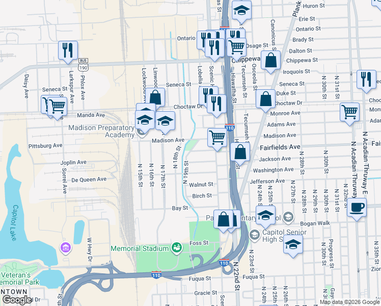 map of restaurants, bars, coffee shops, grocery stores, and more near 1902 Hemlock Street in Baton Rouge