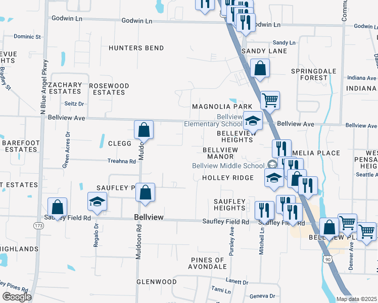 map of restaurants, bars, coffee shops, grocery stores, and more near 4701 Maywood Avenue in Bellview