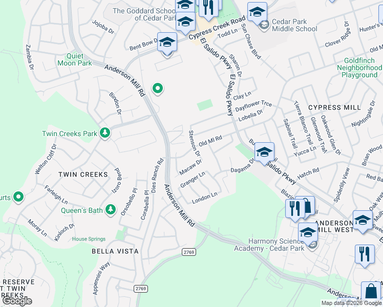 map of restaurants, bars, coffee shops, grocery stores, and more near 2205 Old Mill Road in Cedar Park