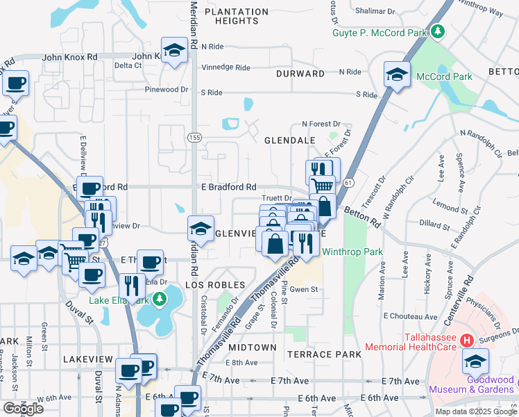 map of restaurants, bars, coffee shops, grocery stores, and more near 522 Collins Drive in Tallahassee