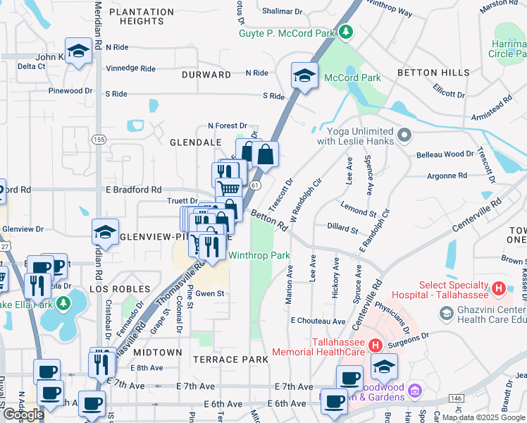 map of restaurants, bars, coffee shops, grocery stores, and more near 2002 Trescott Drive in Tallahassee