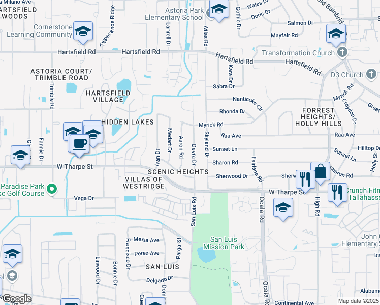 map of restaurants, bars, coffee shops, grocery stores, and more near 1826 Devra Drive in Tallahassee
