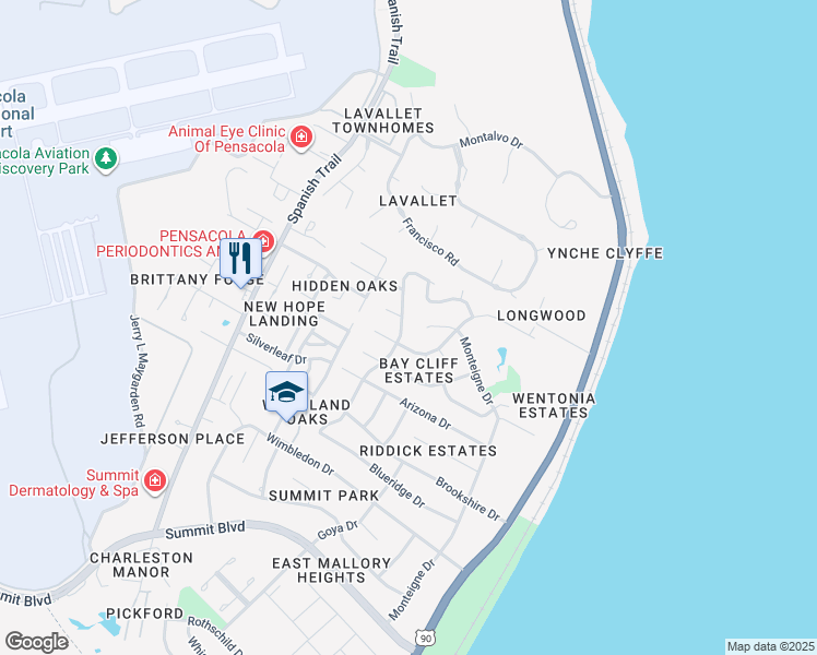 map of restaurants, bars, coffee shops, grocery stores, and more near 4180 Rommitch Lane in Pensacola