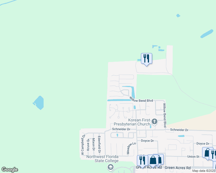 map of restaurants, bars, coffee shops, grocery stores, and more near 2720 Willow Grove Lane in Fort Walton Beach