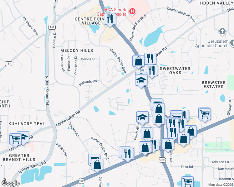map of restaurants, bars, coffee shops, grocery stores, and more near 1806 Ashley Hall Way in Tallahassee