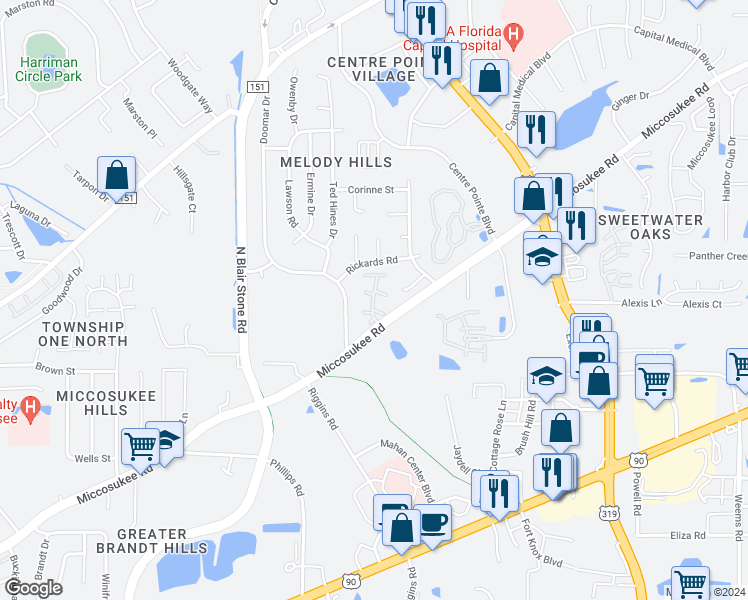 map of restaurants, bars, coffee shops, grocery stores, and more near 2600 Miccosukee Road in Tallahassee