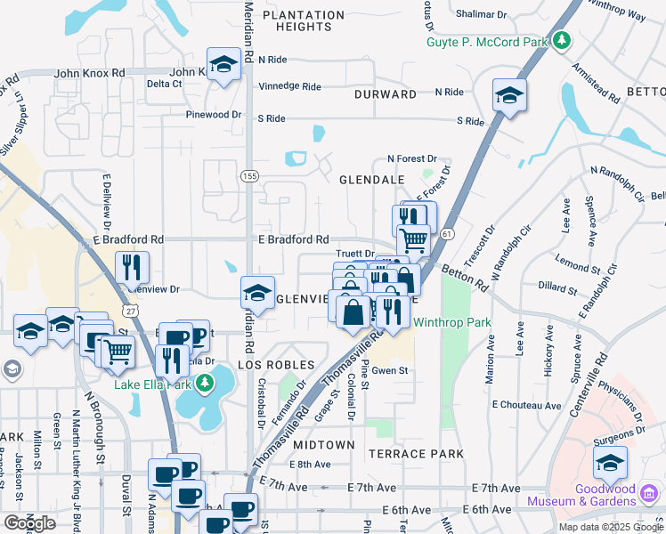 map of restaurants, bars, coffee shops, grocery stores, and more near 526 Collins Drive in Tallahassee