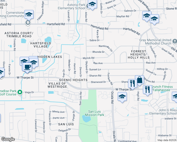 map of restaurants, bars, coffee shops, grocery stores, and more near 1903 Skyland Drive in Tallahassee