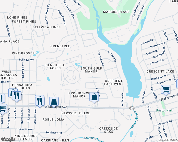 map of restaurants, bars, coffee shops, grocery stores, and more near 6065 South Gulf Manor in Pensacola