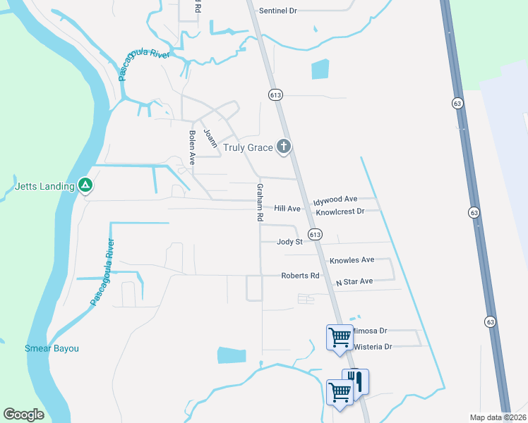 map of restaurants, bars, coffee shops, grocery stores, and more near 3799 Yucca Avenue in Moss Point
