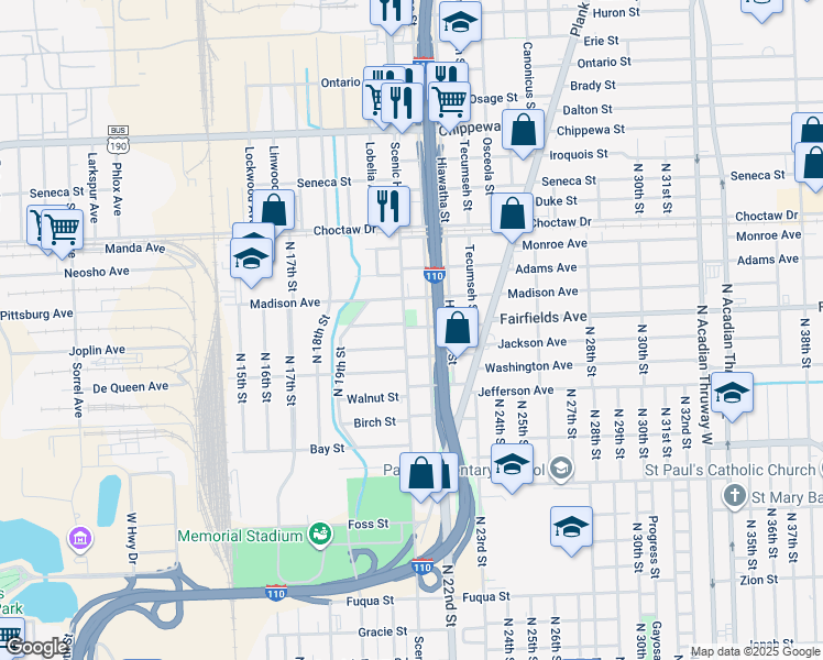 map of restaurants, bars, coffee shops, grocery stores, and more near 2105 Pocahontas Street in Baton Rouge