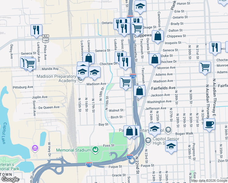 map of restaurants, bars, coffee shops, grocery stores, and more near 1902 Hemlock Street in Baton Rouge
