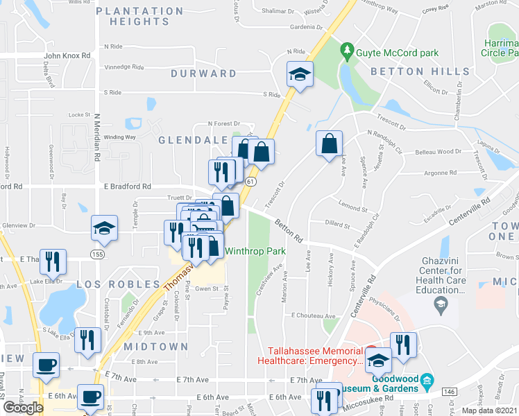 map of restaurants, bars, coffee shops, grocery stores, and more near 2002 Trescott Drive in Tallahassee