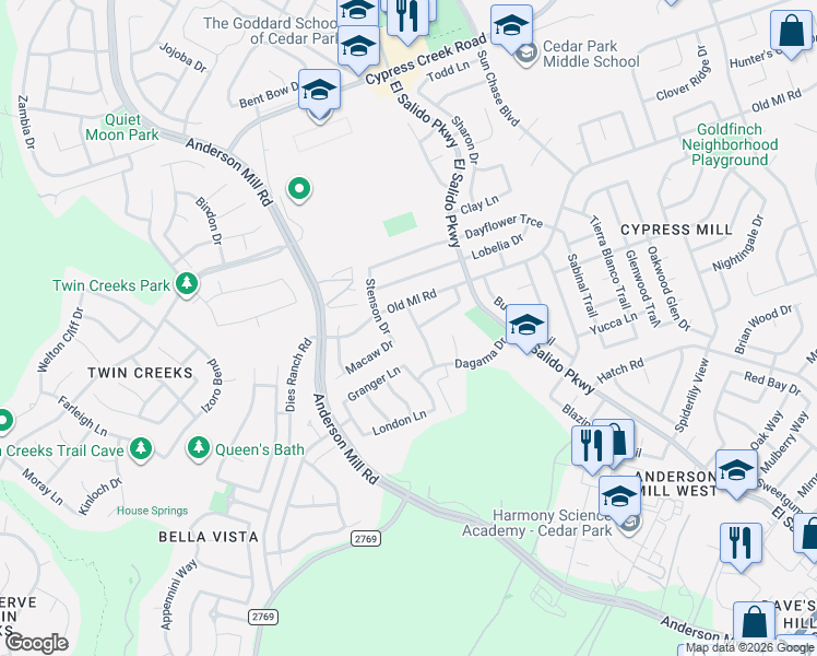 map of restaurants, bars, coffee shops, grocery stores, and more near 2603 Melba Pass in Cedar Park