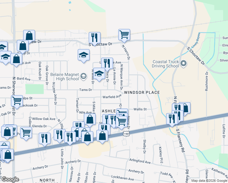 map of restaurants, bars, coffee shops, grocery stores, and more near 12456 Tams Drive in Baton Rouge