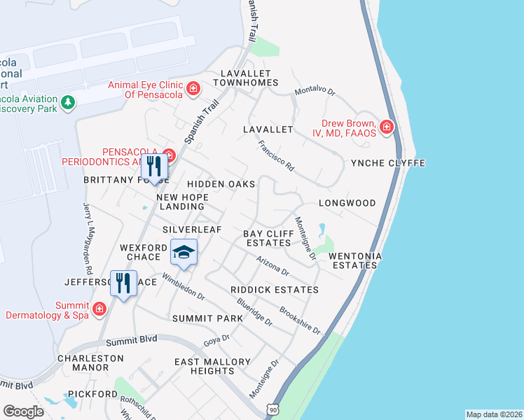 map of restaurants, bars, coffee shops, grocery stores, and more near 4180 Rommitch Lane in Pensacola