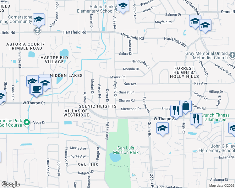 map of restaurants, bars, coffee shops, grocery stores, and more near 1903 Skyland Drive in Tallahassee