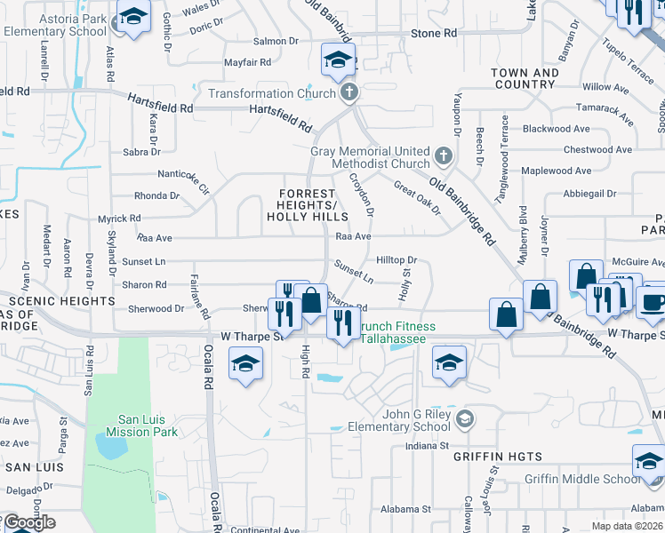 map of restaurants, bars, coffee shops, grocery stores, and more near 1605 Sunset Lane in Tallahassee