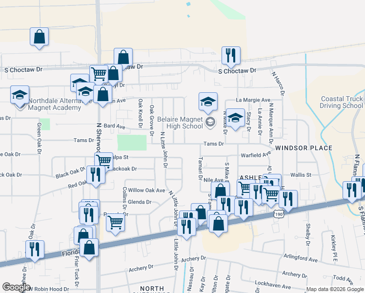 map of restaurants, bars, coffee shops, grocery stores, and more near 11912 Tams Drive in Baton Rouge