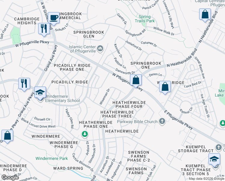 map of restaurants, bars, coffee shops, grocery stores, and more near 17509 Wiseman Drive in Pflugerville