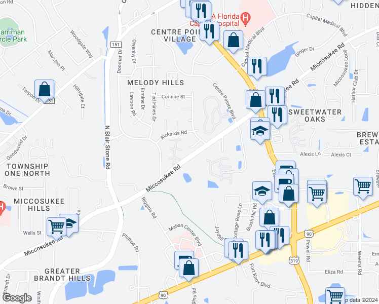 map of restaurants, bars, coffee shops, grocery stores, and more near 2121 Pink Flamingo Lane in Tallahassee